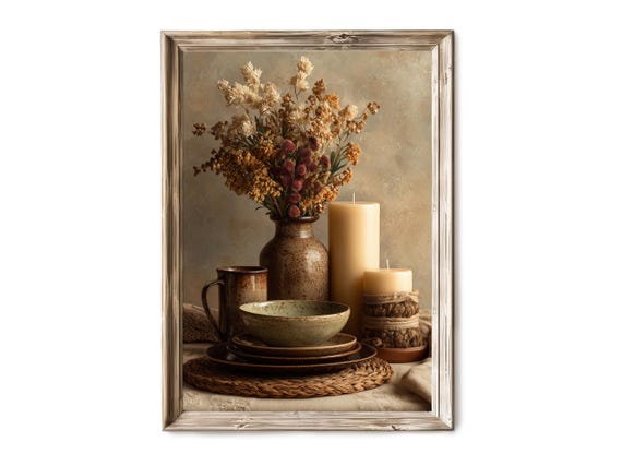 Fall Thanksgiving Still Life Wall Art Rustic Autumn Table Scene With Candles And Flowers Moody Harvest Decor Artful Print V 425