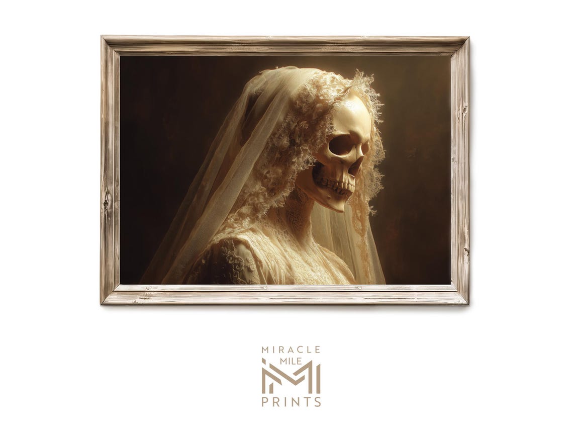 Gothic Skeleton Bride Painting Poster Dark Oil Portrait Art Halloween