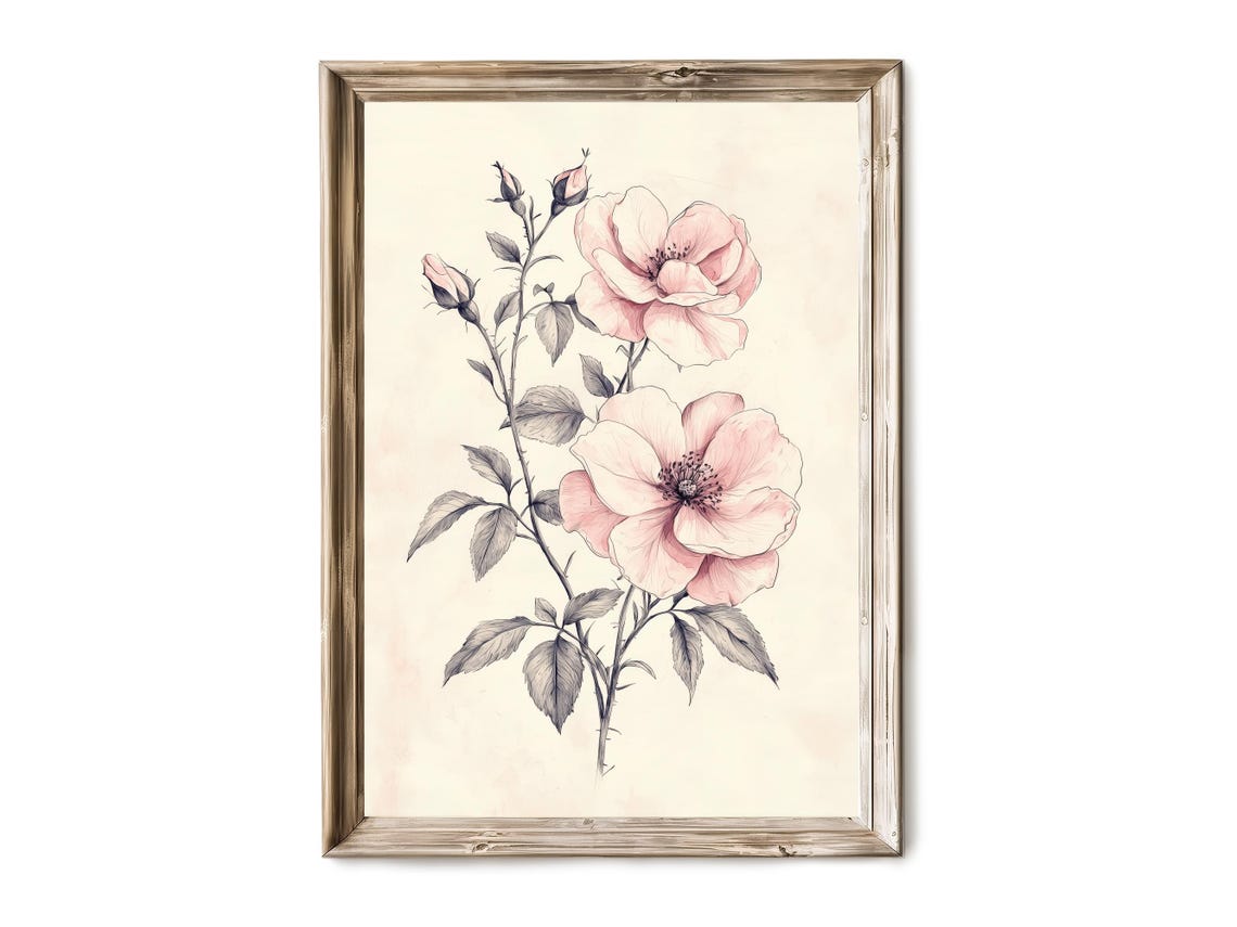 Vintage Rose Sketch Wall Art Ink Botanical Drawing Delicate Floral Line Rustic Flower Decor 9