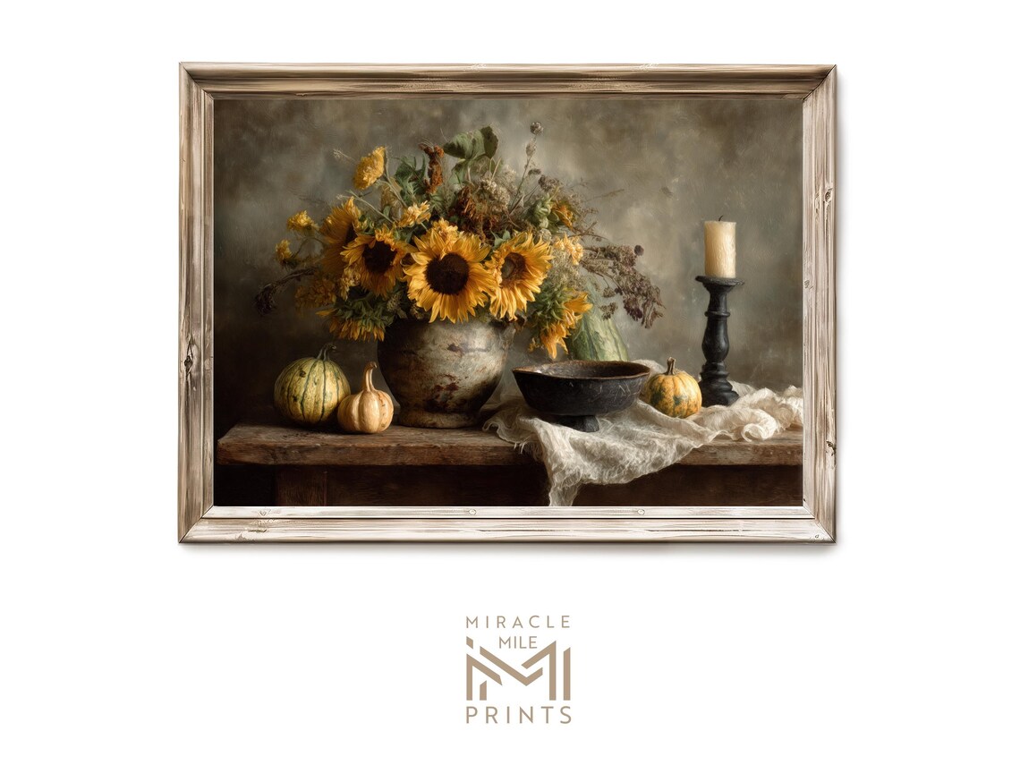 Fall Thanksgiving Still Life Art Print, Rustic Autumn Centerpiece