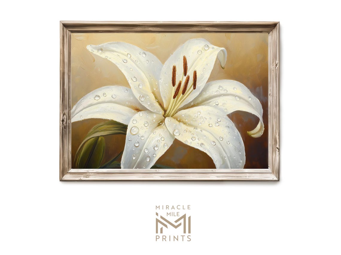White Lily with Dewdrops Elegant Floral Oil Painting Wall Art