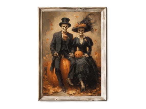 Halloween Wall Art Skeleton Couple In Formal Attire Vintage Spooky Portrait Gothic Decor Haunted Fall Artwork 272