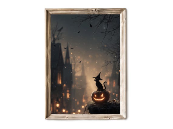 Halloween Wall Art Spooky Pumpkin With Black Cat In Foggy Street Haunted Vintage Decor Dark Fall Print 308
