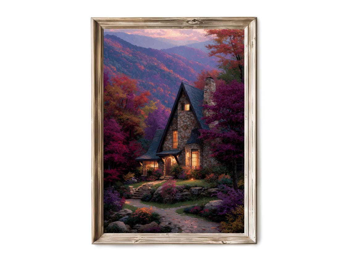 Stone Cottage In Autumn Mountain Woods At Dusk Cozy Landscape Wall Art
