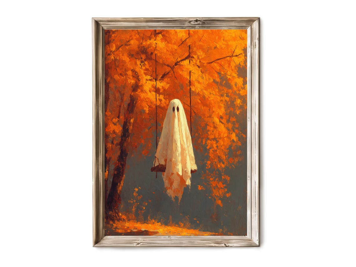 Sheet Ghost Beneath Orange Trees Autumn Night Halloween Art Poster