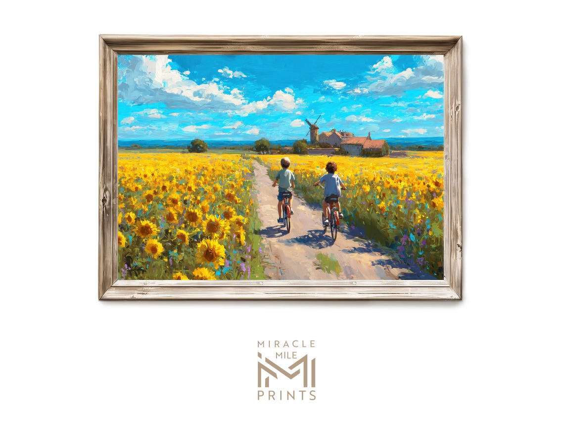 Children Cycling Through Sunflower Fields Impressionist Art Poster