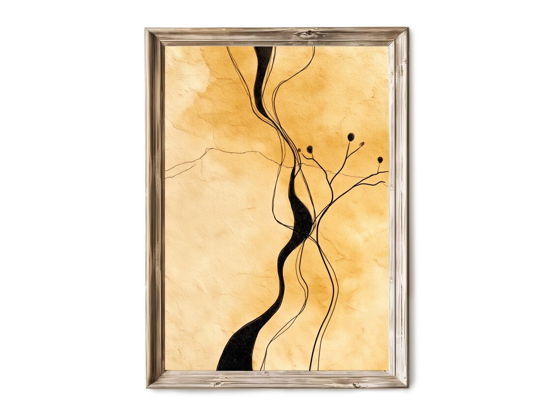 Black Ink Branch Amber Watercolor Minimal Botanical Abstract Poster