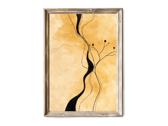 Black Ink Branch Amber Watercolor Minimal Botanical Abstract Poster