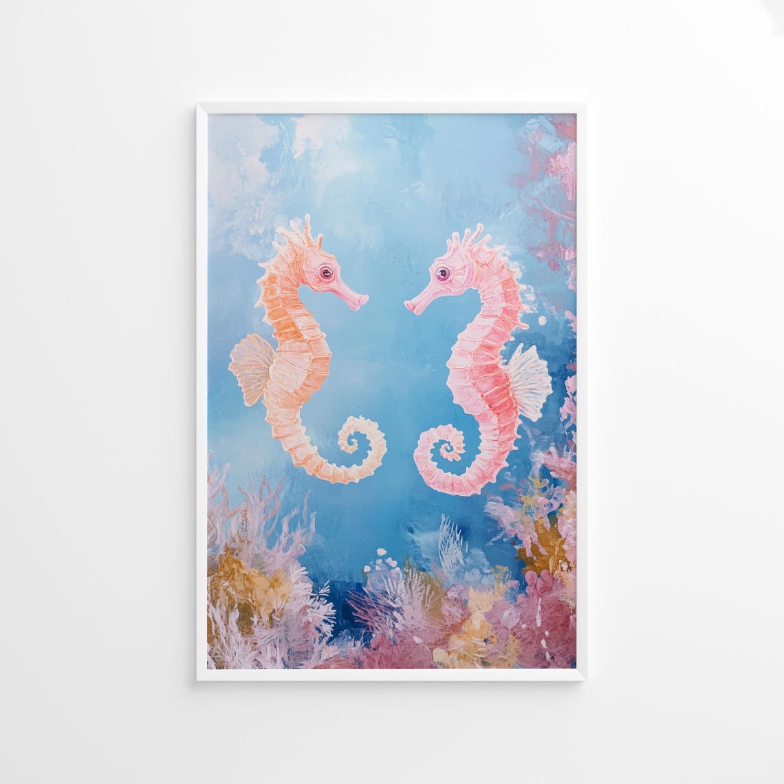 Pastel Seahorse Couple Coral Reef Underwater Ocean Art Poster