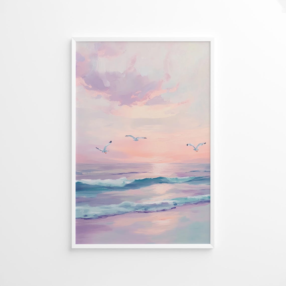 Seagulls At Sunset Pastel Ocean Waves Beach Coastal Painting Poster