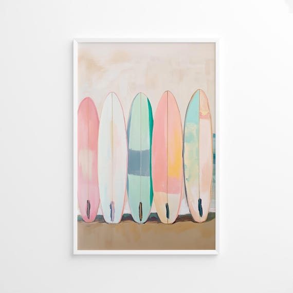 Pastel Surfboard Poster, Coastal Ocean Travel Poster