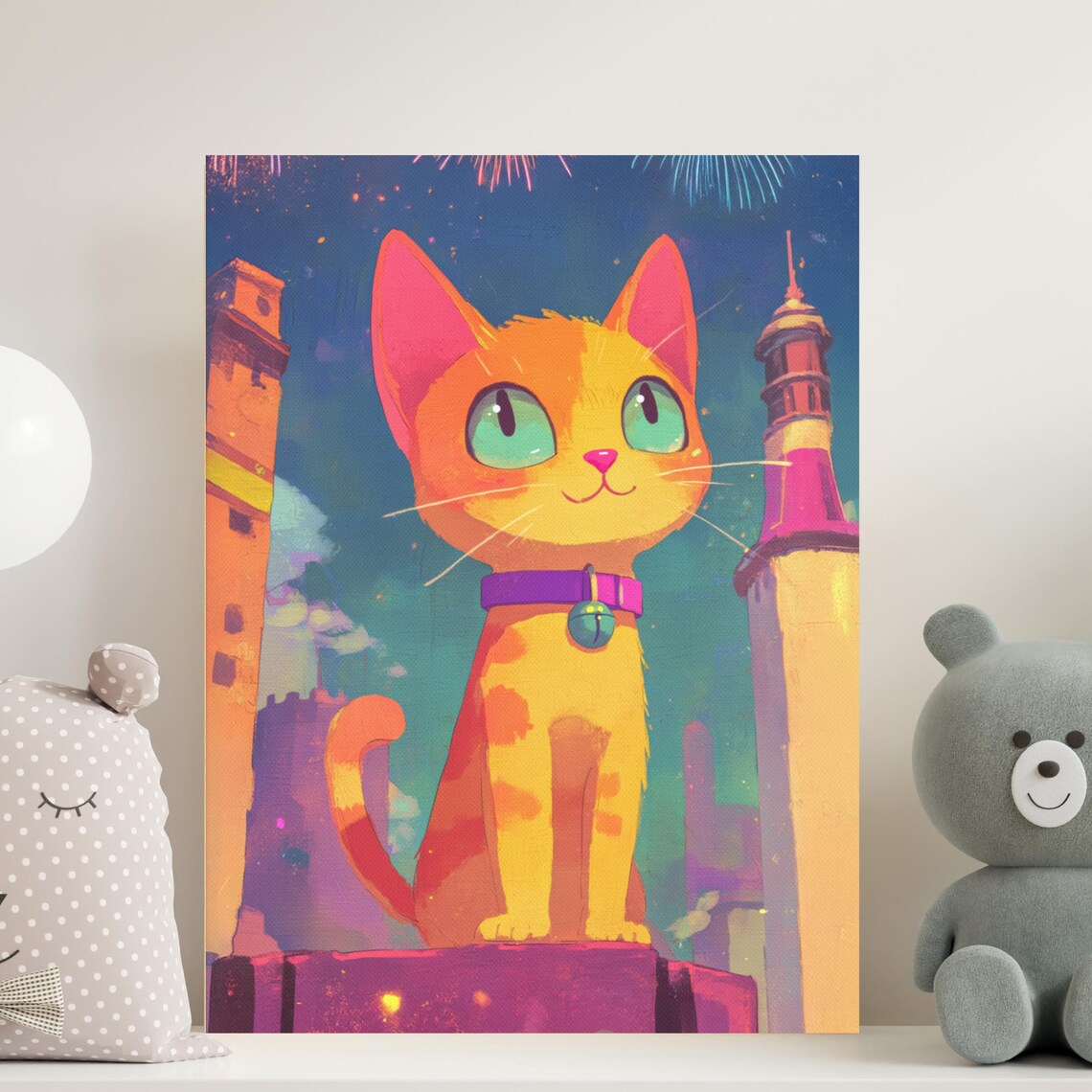 Orange Cartoon Cat Watching Fireworks City Night Fun Kids Room Poster