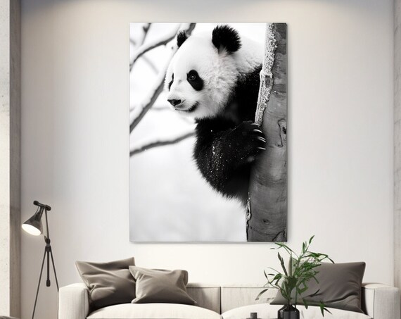 Panda Climbing Tree In Snow Black White Winter Wildlife Wall Art