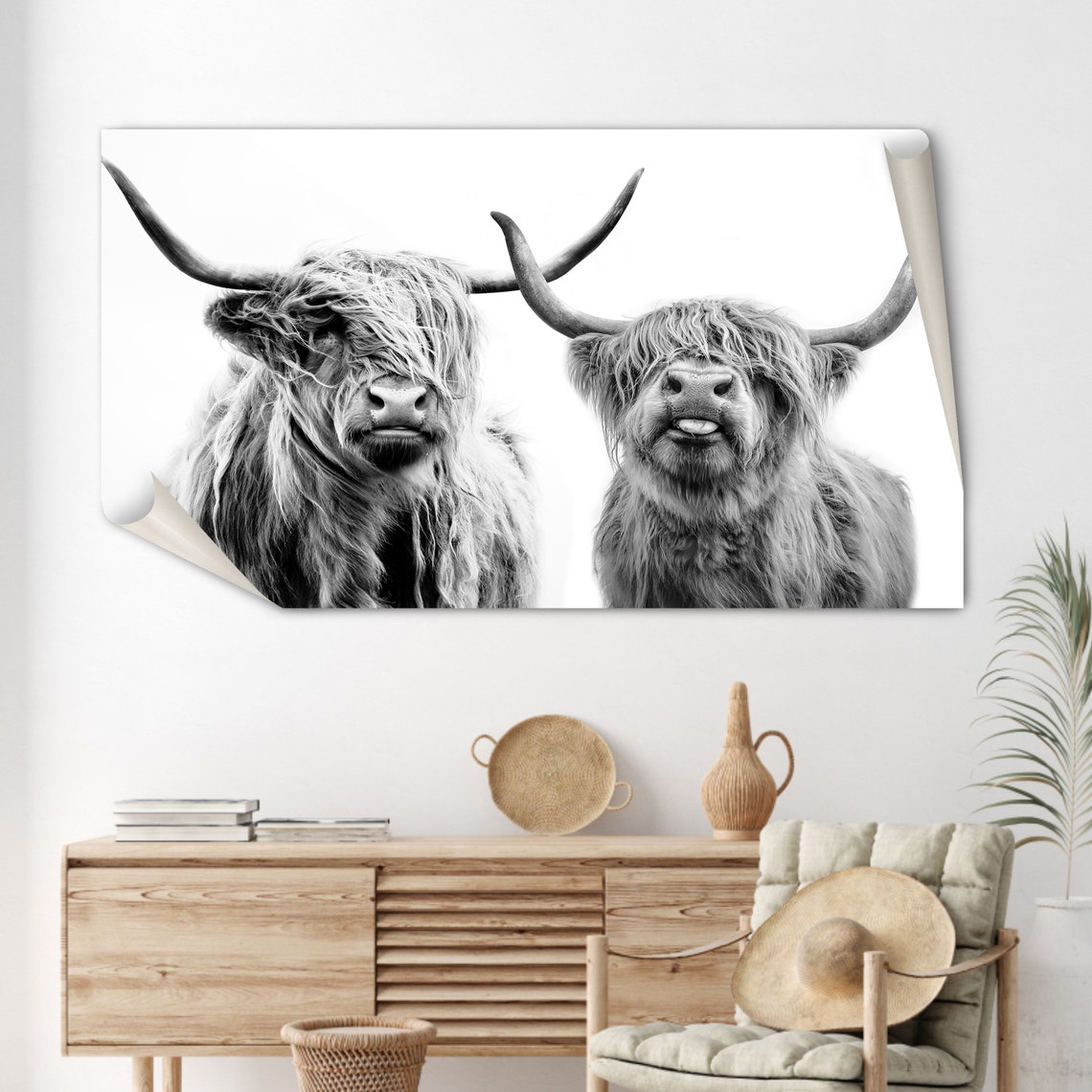 Two Shaggy Highland Cows Black White Farmhouse Photography Poster - Image 2