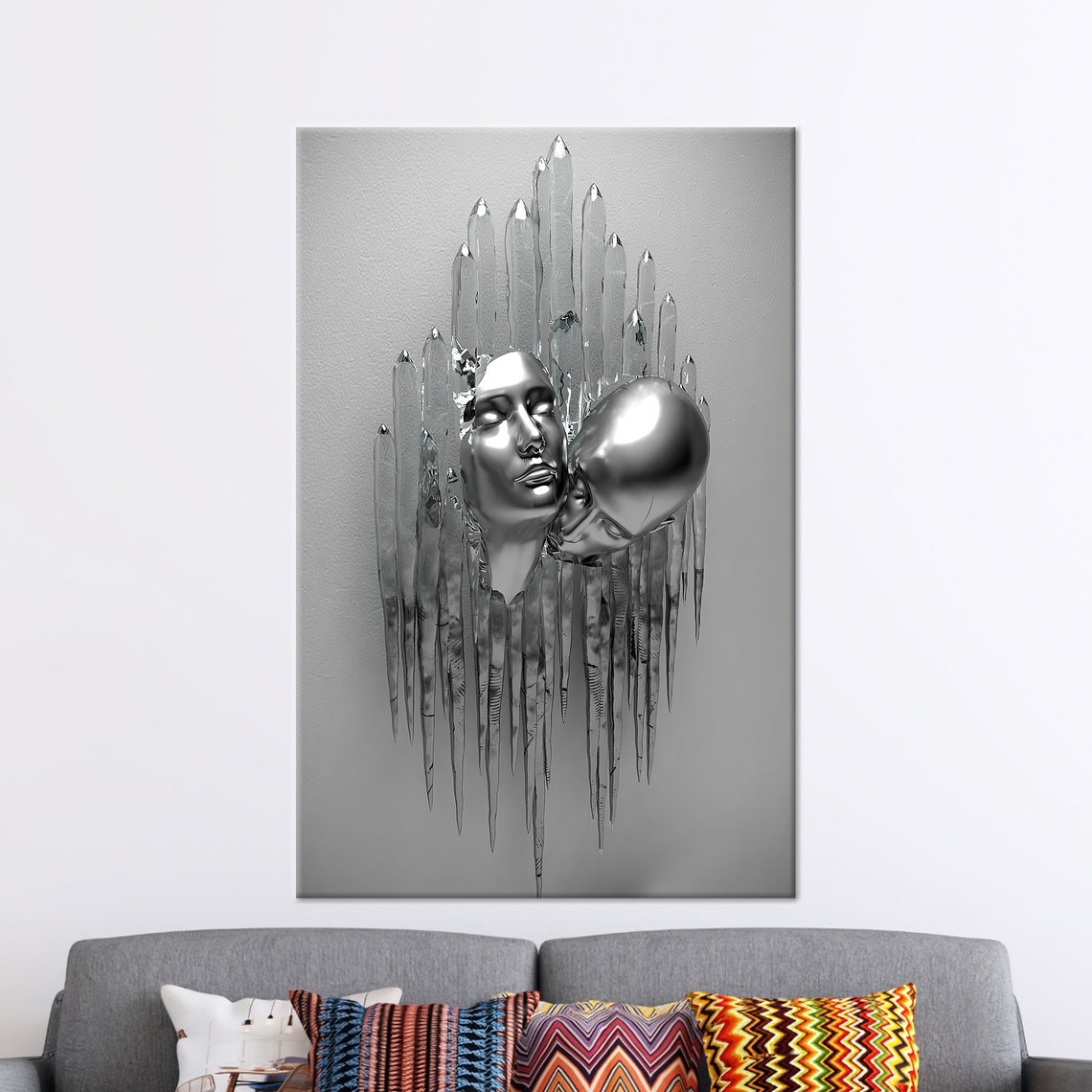 Silver Metallic Couple Embracing 3D Crystal Sculpture Art Poster