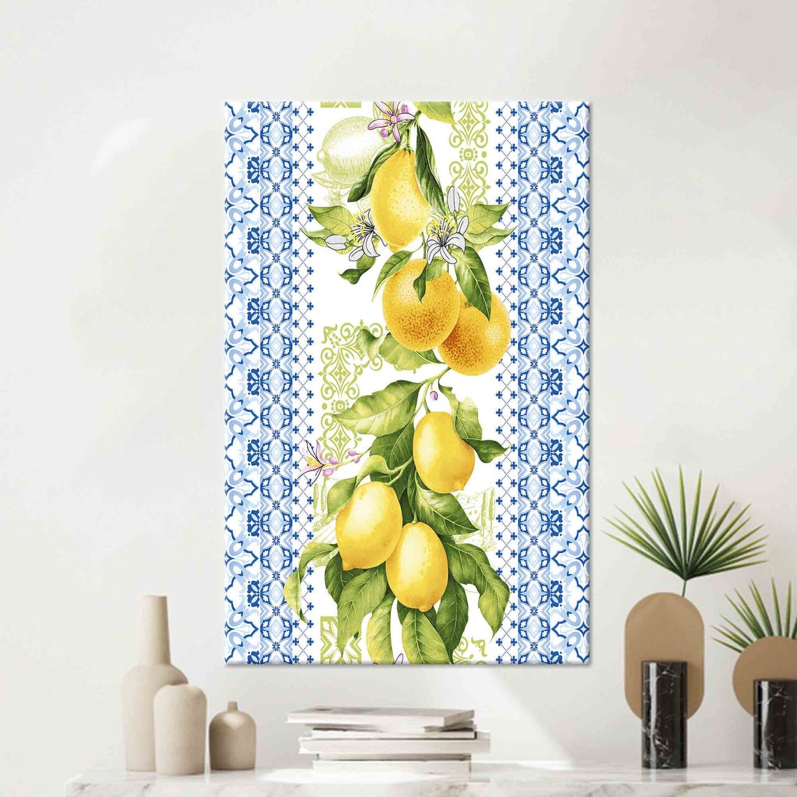 Mediterranean Lemon Branch Blue Tile Pattern Citrus Decor Poster