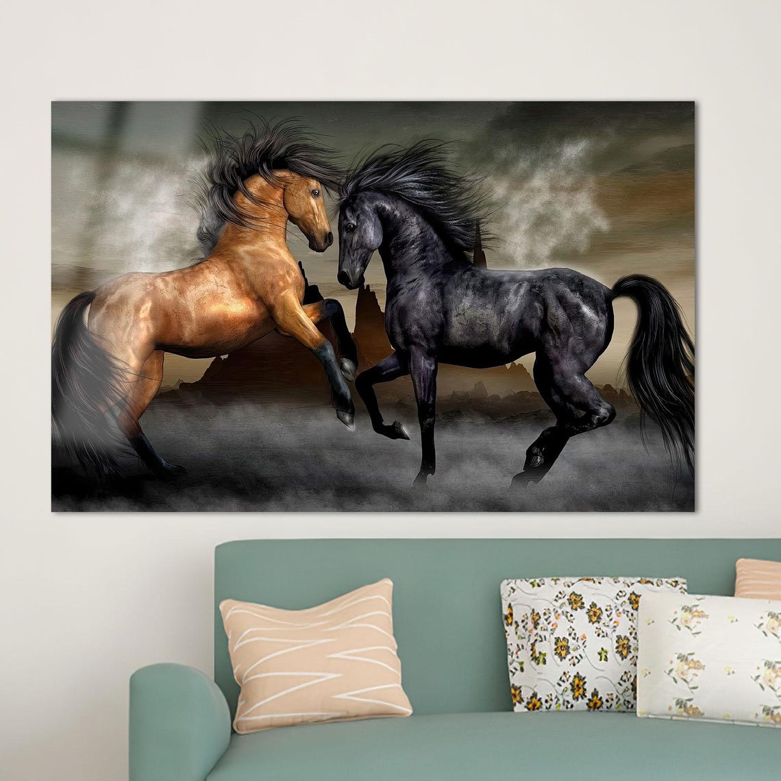 Brown And Black Stallions Rearing In Mist Dramatic Horse Poster - Image 2