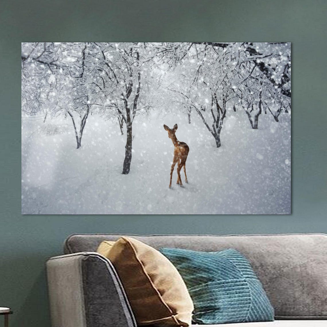 Small Fawn Standing Alone In A Snowy Winter Forest Scene Poster - Image 2