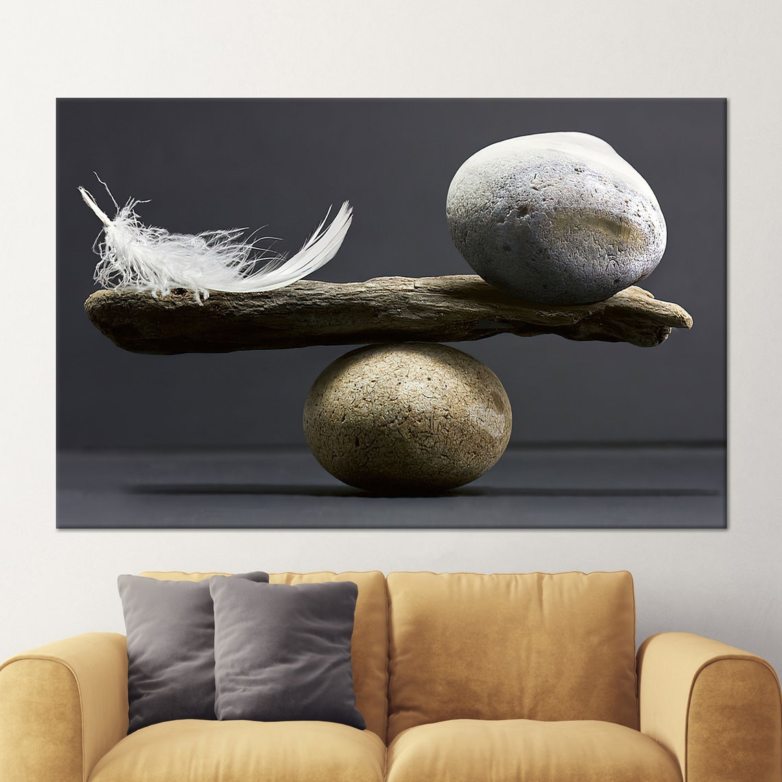 Balancing Stones White Feather Zen Meditation Tranquil Nature Poster