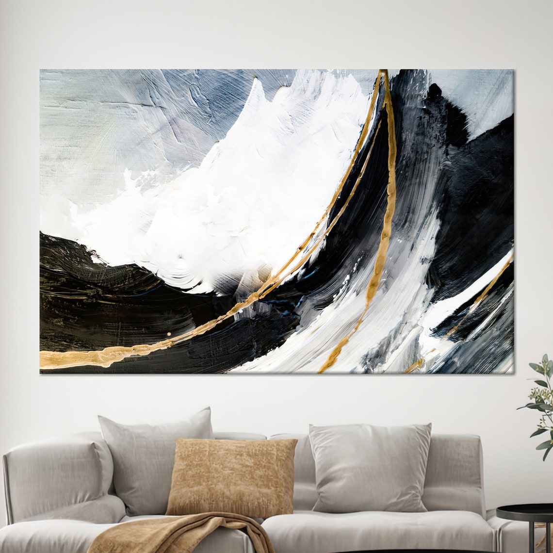 Black White Gold Abstract Brush Strokes Modern Minimalist Poster