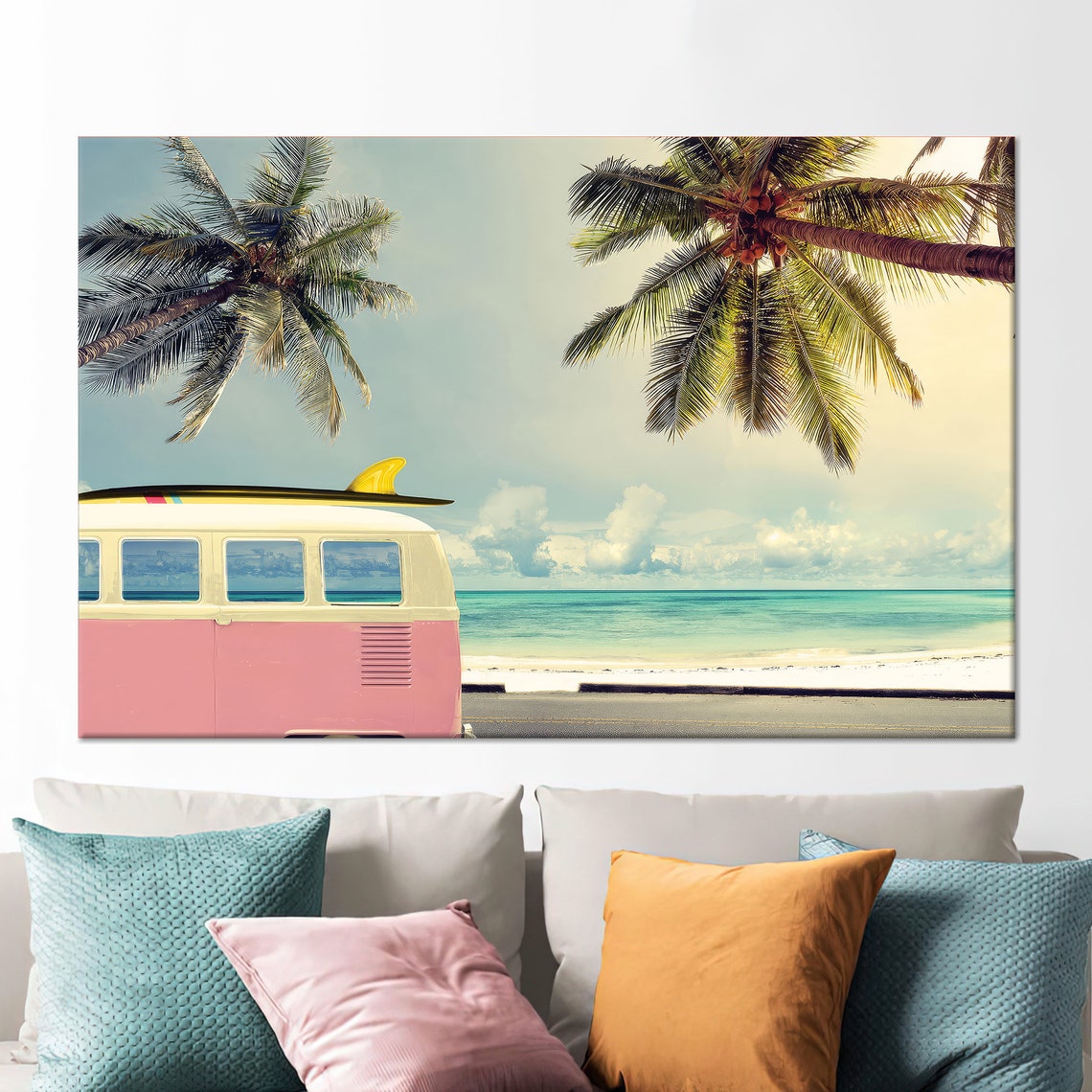 Pink Vintage Van Surfboard Palm Trees Tropical Beach Summer Poster