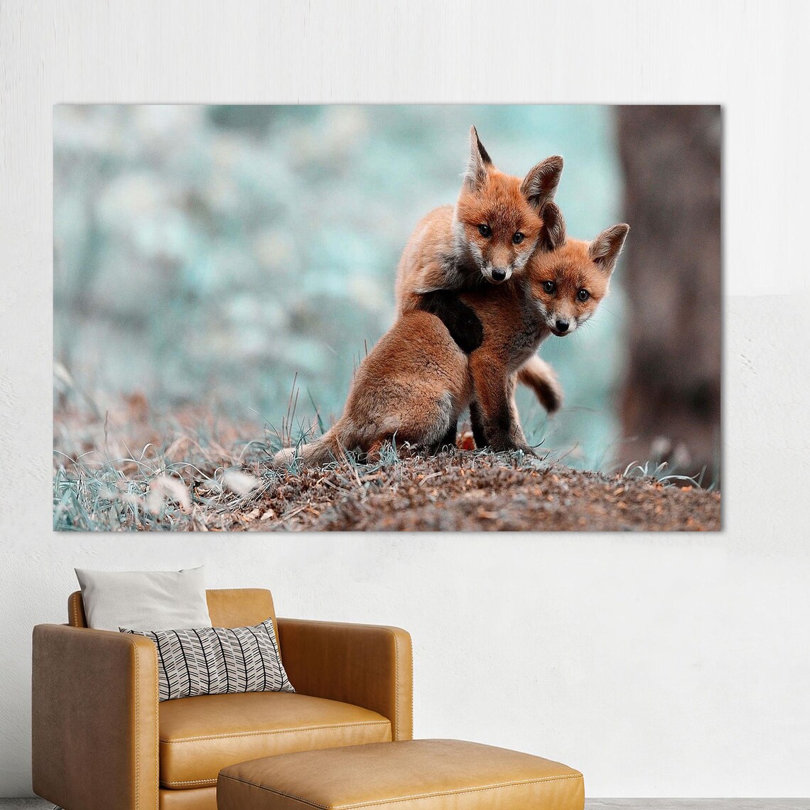 Two Playful Red Fox Cubs Wrestling Together In The Forest Poster - Image 2