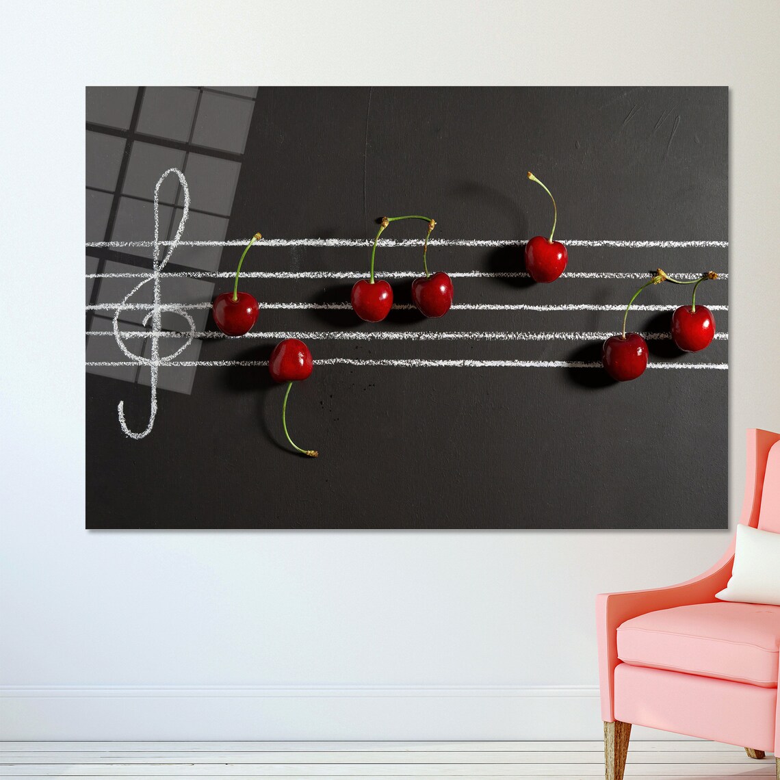 Cherry Wall Decor Music Notes Art Modern Artwork 3d Glass Art Wallpaper Art Framed Wall Art Gift For Him Music Room Wall Art - Image 2