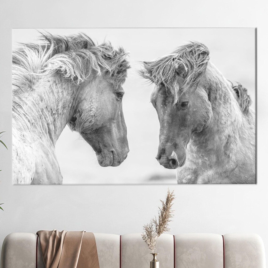 Two White Horses Facing Each Other Black And White Photo Poster