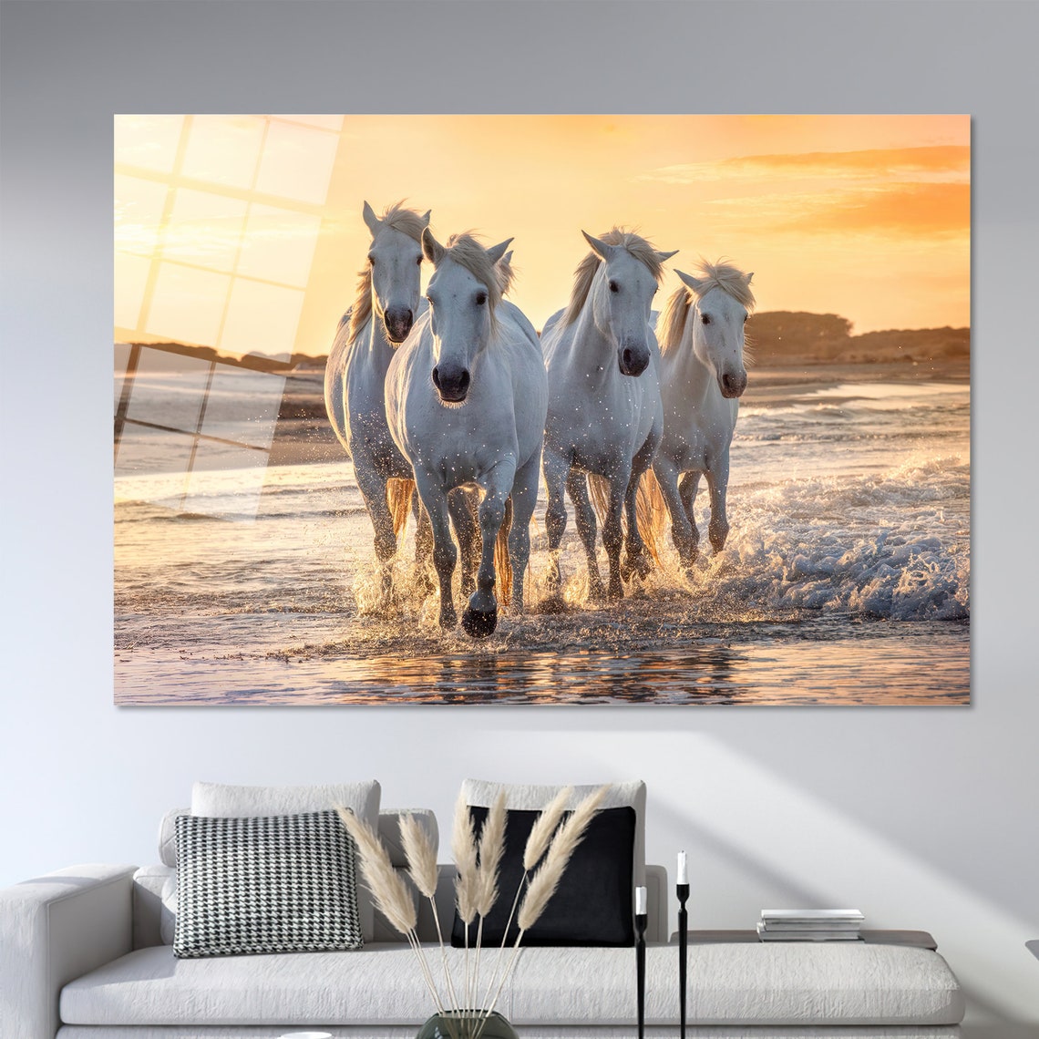 Four White Horses Running Beach Sunset Splashes Photography Poster - Image 2
