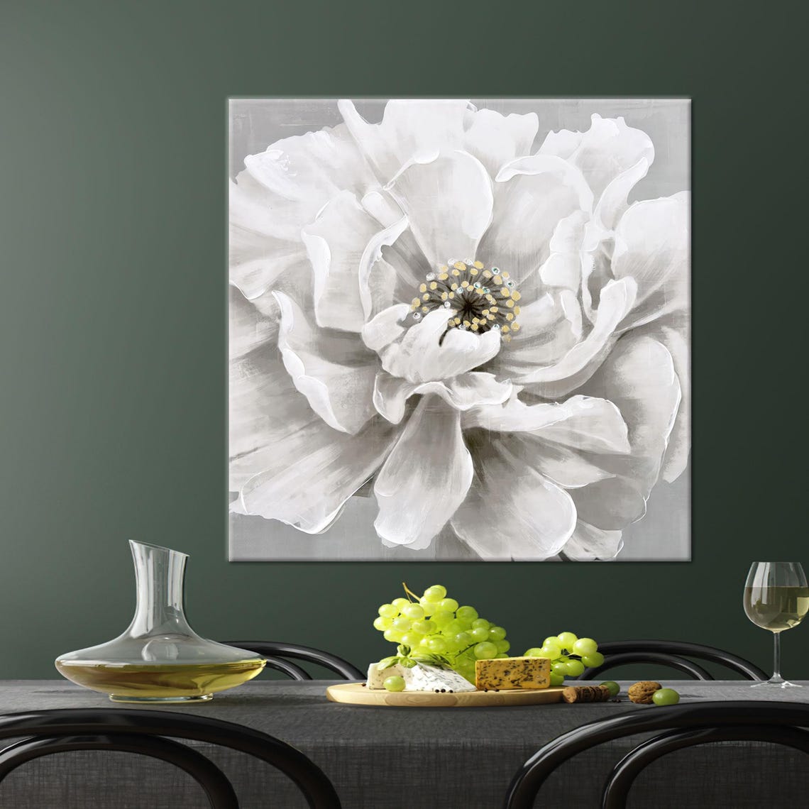 Delicate White Peony Blossom Painting On Soft Gray Canvas Poster