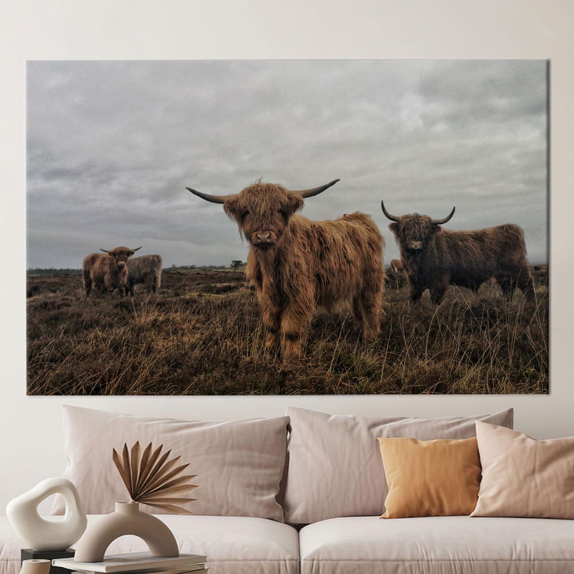 Highland Cattle Herd Roaming Misty Moorland Overcast Sky Poster