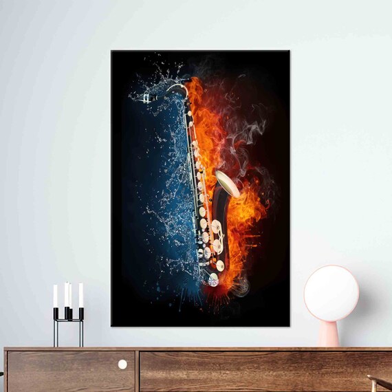 Saxophone Split Between Fire and Water Jazz Music Art Poster
