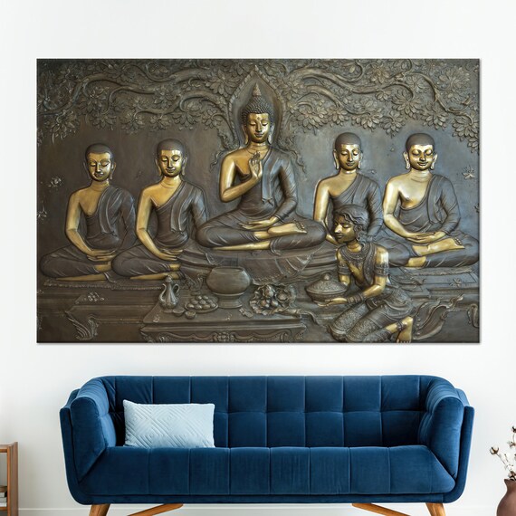 Golden Buddha Relief Sculpture Meditation Spiritual Home Decor Poster