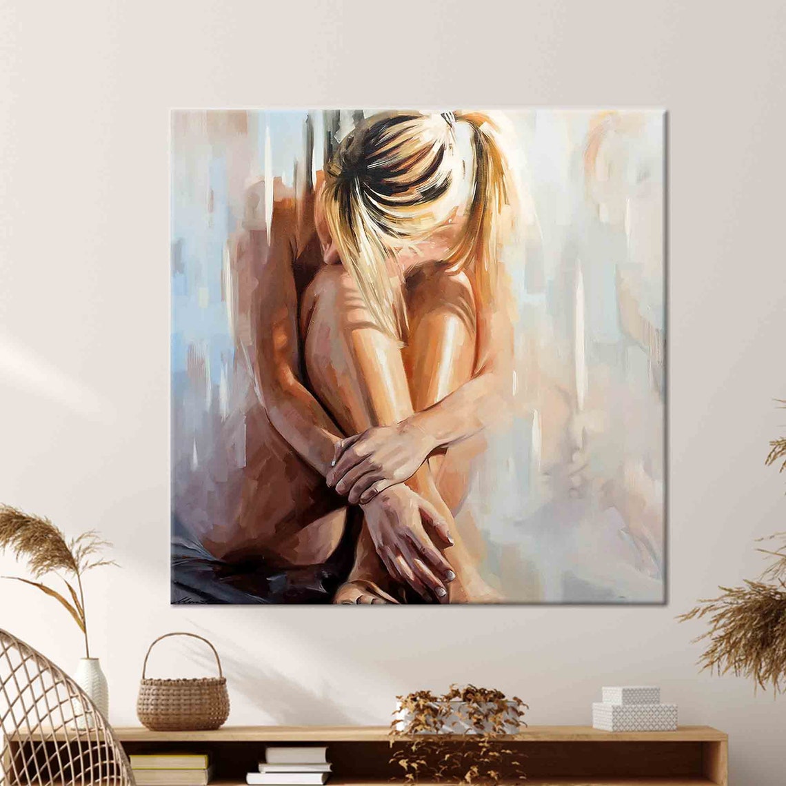 Seated Nude Woman Impressionist Painting Soft Beige Tones Poster