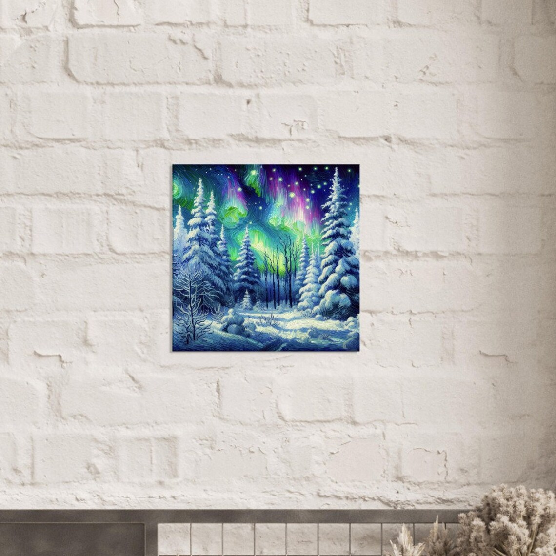 Aurora Borealis Snowy Pine Forest Night Sky Oil Painting Poster - Image 2