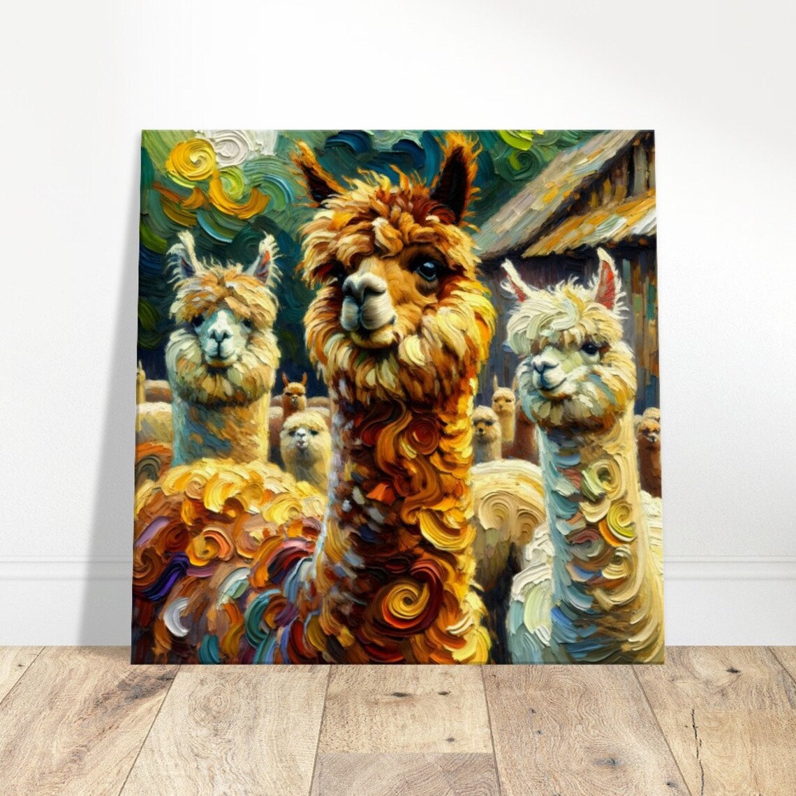 Playful Alpaca Trio Portrait in Van Gogh Impasto Swirls Poster