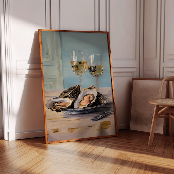 Oysters And White Wine Still Life Painting Kitchen Style Art Print