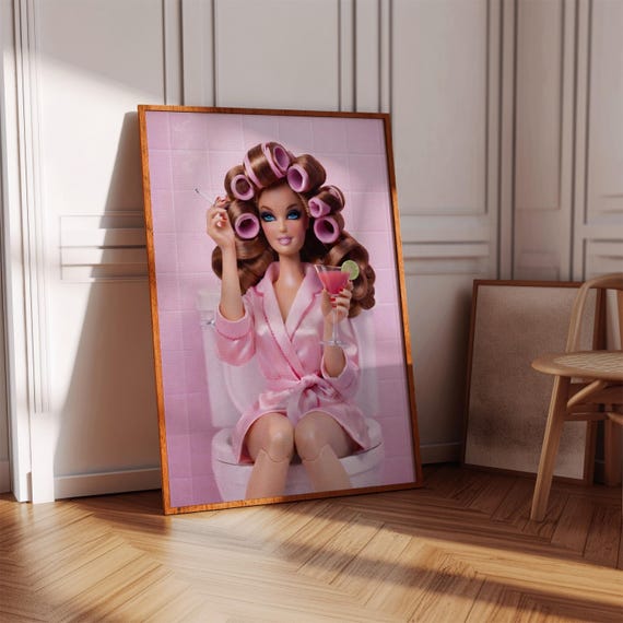 Funny Pink Doll Bathroom Poster Kitsch Girly Smoking Print Retro Decor Glamorous Feminine Gift