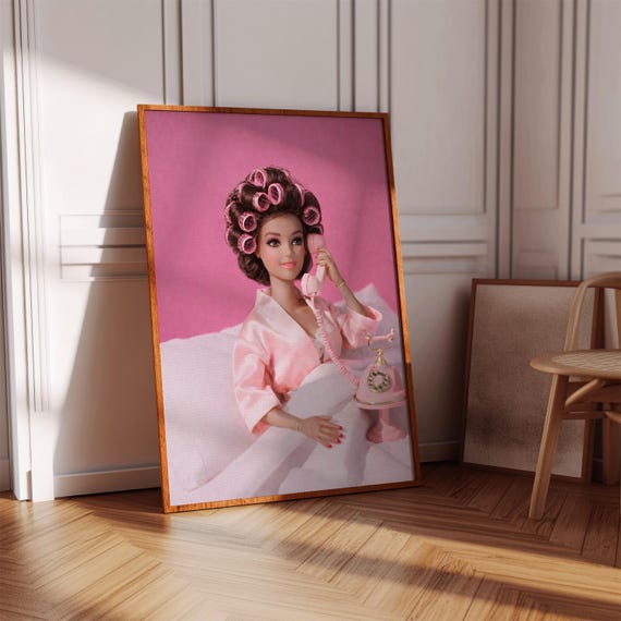 Retro Doll Print Pink Preppy Diva With Curlers Bedroom Wall Art Digital Download