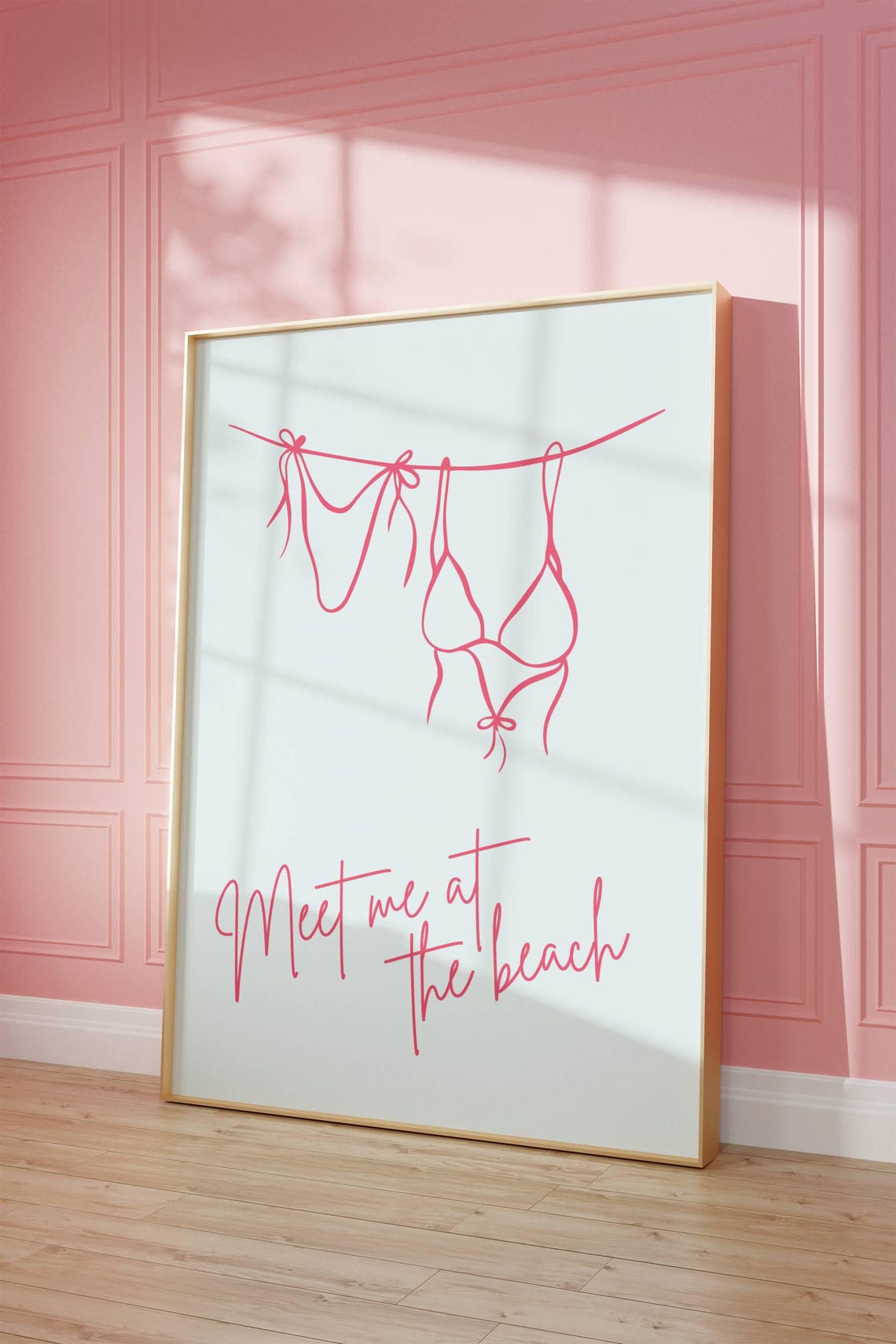 Meet Me At The Beach Pink Bikini Line Art Summer Quote Poster