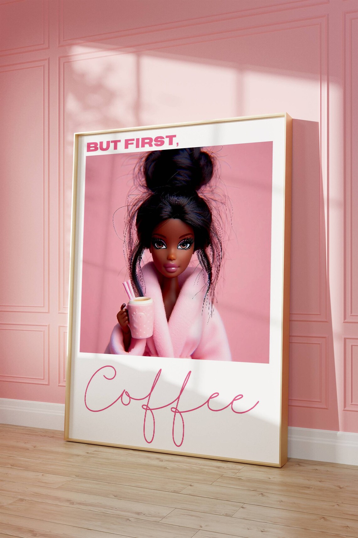 Pink Coffee Poster, Black Girl Doll Art Print
