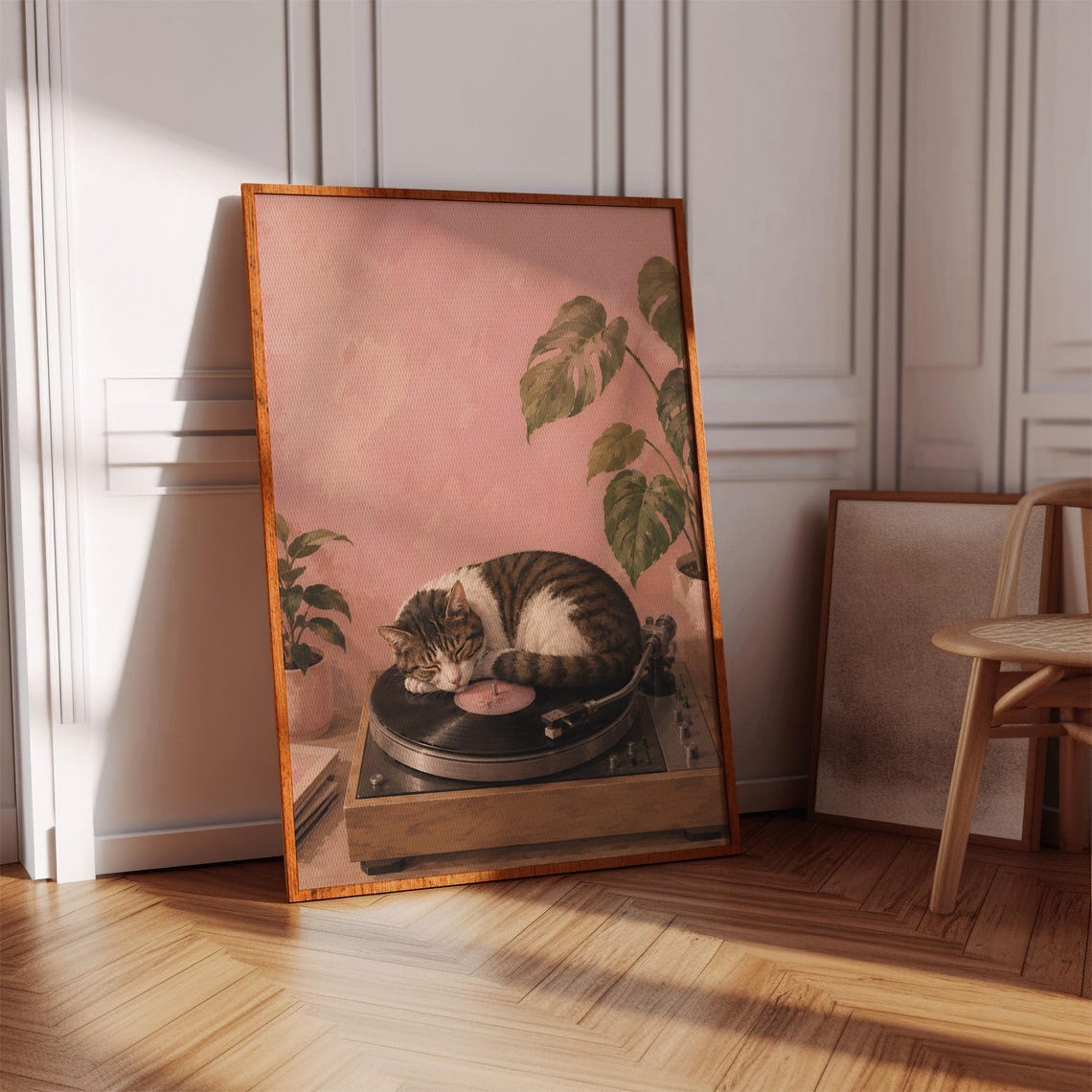 Cat Sleeping on Vinyl Record Player Pink Funny Music Lover Poster