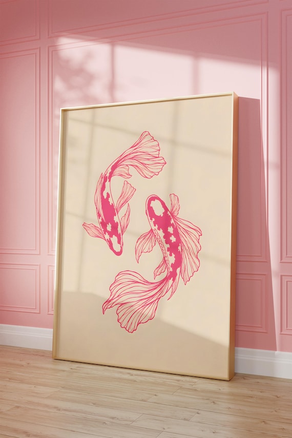 Minimalist Koi Fish Poster Japanese Line Drawing Pink Wall Decor Zen Home