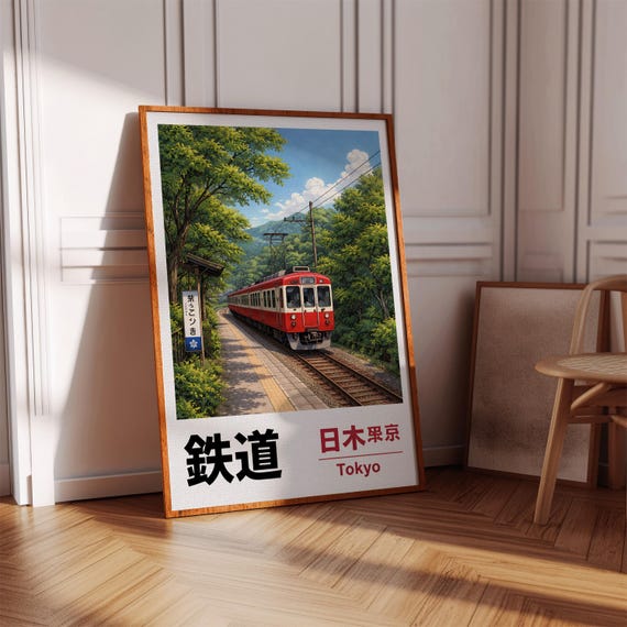 Japan Train Wall Art Print Tokyo Railway Poster Vintage Travel Illustration Scenic Nature Decor
