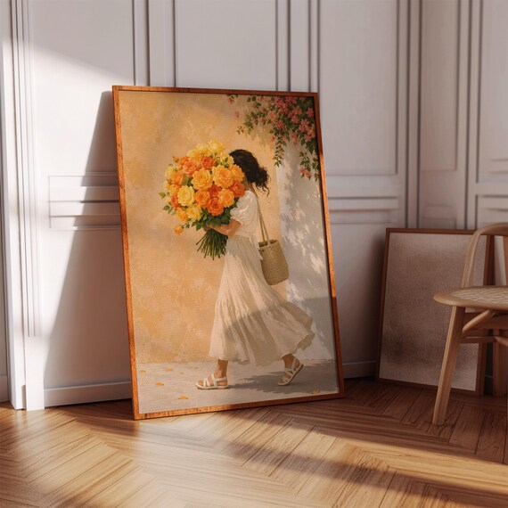Woman in White Dress Yellow Roses Bouquet Romantic Painting Poster
