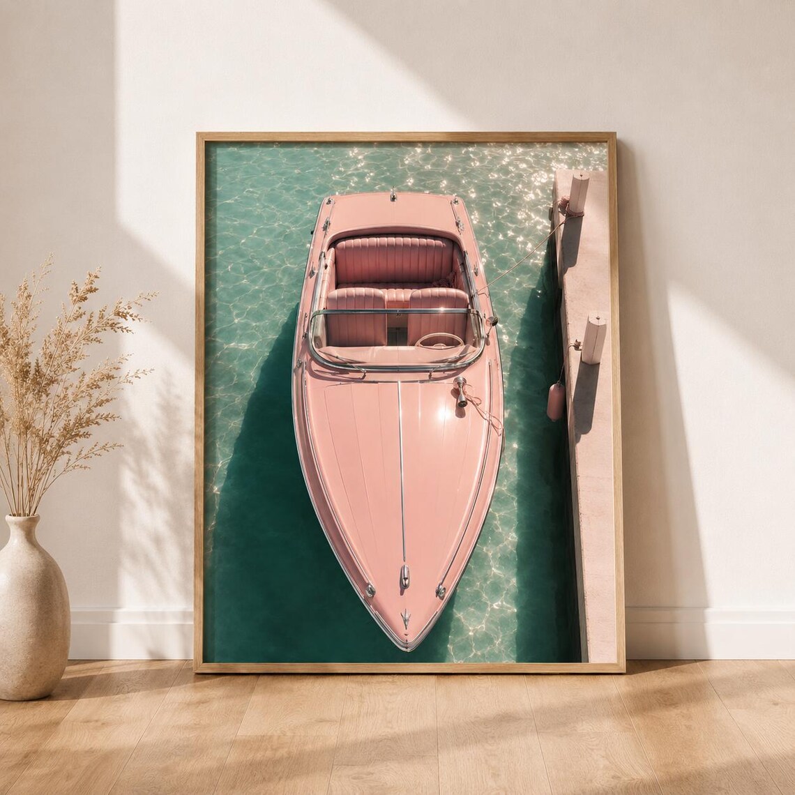 Pink Vintage Speedboat Aerial Turquoise Sea Photography Poster