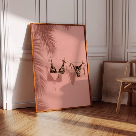 Leopard Bikini Wall Art Pink Beach Printable Tropical Summer Decor Palm Shadow Digital Download