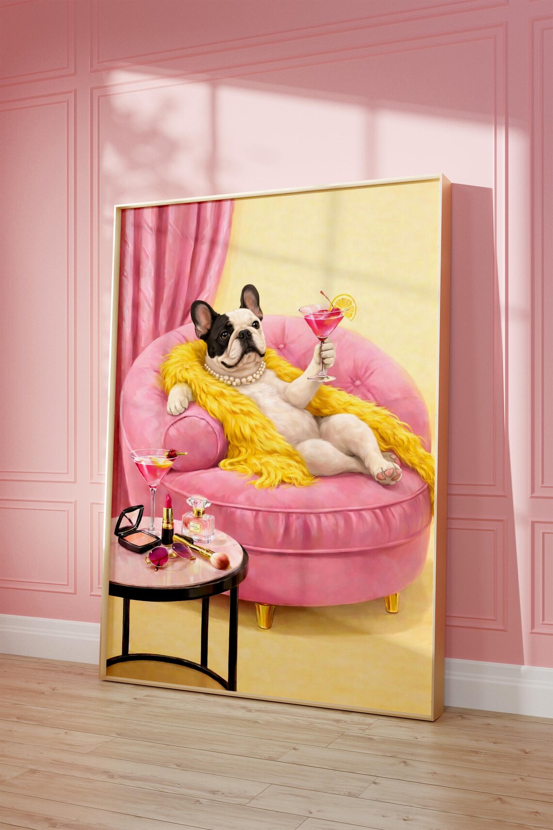 French Bulldog Martini Pink Couch Boujee Glam Dog Art Poster