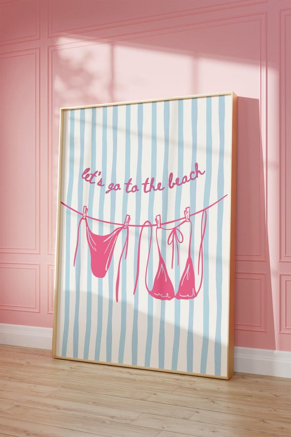 Lets Go To The Beach Print Pink Trendy Quote Poster Digital Download