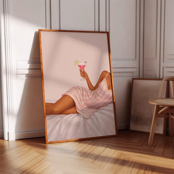 Pink Cocktail Print Woman Bedroom Wall Art Feminine Illustration Martini Poster Decor
